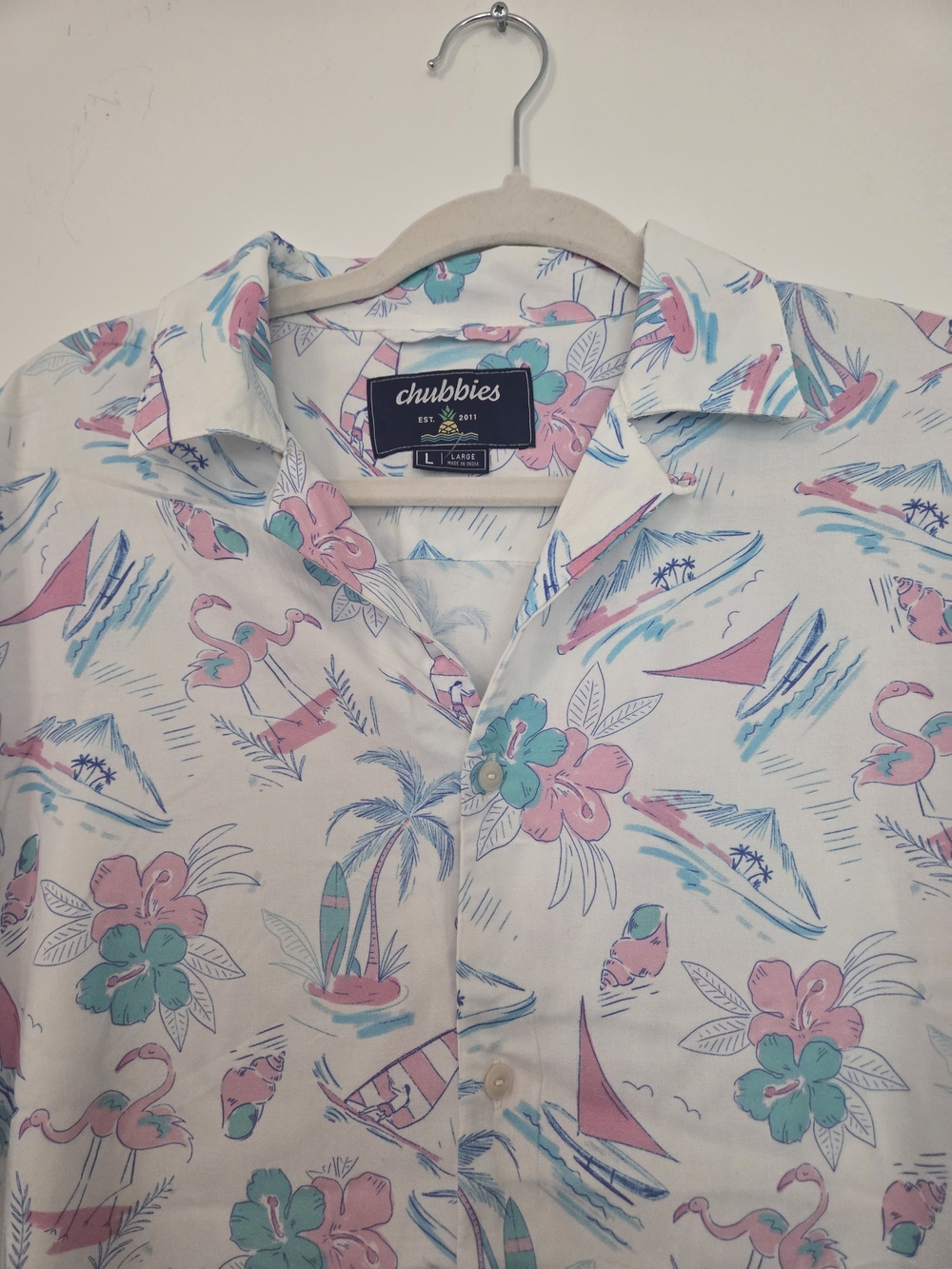 Chubbies White Camp Shirt with Pink & Teal Tropical Print Size Large